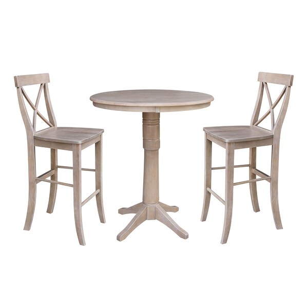 International Concepts Round 36 in Rd Pedestal Bar Ht Table, 2 X-Back Bar Ht Stools, Washed Gray Taupe, 36 in W, 36 in L K09-36RT-27B-6B-2-S6133-2 - main